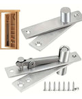 Hidden Door Hinge 360 Degree Pivot Heavy Duty Stainless Steel for Secret Doors with mounting screws and cabinet view