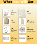 Heavy Duty Hammock Chair With Two Cushions And Protective Waterproof Cover, includes steel spreader bar, ropes, and hooks