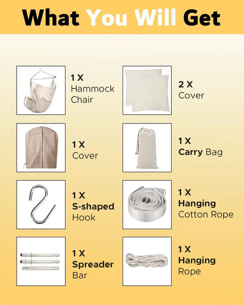 Heavy Duty Hammock Chair With Two Cushions And Protective Waterproof Cover, includes steel spreader bar, ropes, and hooks