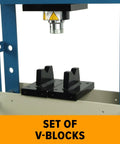 Industrial Grade Steel Shop Press Featuring Adjustable Cylinder Stroke Reinforced Welded Frame And Manual Operation For Slick Assembly And Knockout Pressing Power with V-blocks in view.