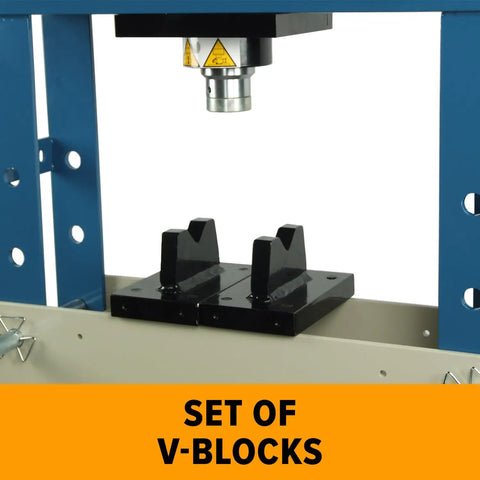 Industrial Grade Steel Shop Press Featuring Adjustable Cylinder Stroke Reinforced Welded Frame And Manual Operation For Slick Assembly And Knockout Pressing Power with V-blocks in view.