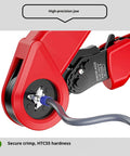 Close-up of Pro Multifunctional Carbon Steel Crimping Pliers Ergonomic Hand Tool for Electricians with high-precision jaw.