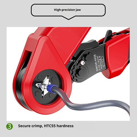 Close-up of Pro Multifunctional Carbon Steel Crimping Pliers Ergonomic Hand Tool for Electricians with high-precision jaw.