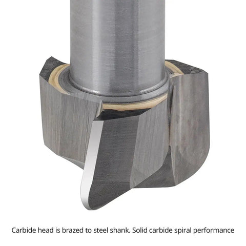 Pro Grade 3 Piece Bowl And Tray Router Bit Set With Half Inch Shank Solid Carbide Heads three flute design showing carbide head.