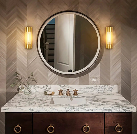 Modern Brass Wall Sconce Light With Crackle Glass Cylinder Shade For Bathroom Vanity ETL Listed Hardwired Wall Mounted Fixture Fixed