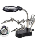 Desktop LED Magnifying Glass Soldering Station with 3.5X and 12X magnification, sturdy base, gooseneck lamp, alligator clips.
