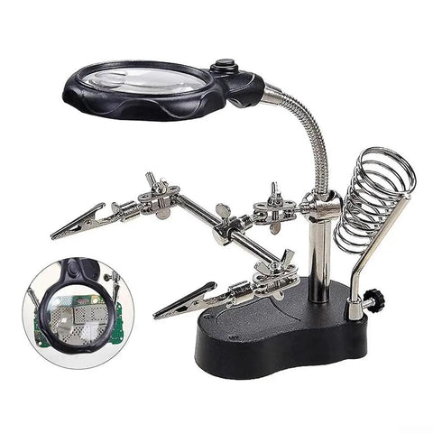Desktop LED Magnifying Glass Soldering Station with 3.5X and 12X magnification, sturdy base, gooseneck lamp, alligator clips.