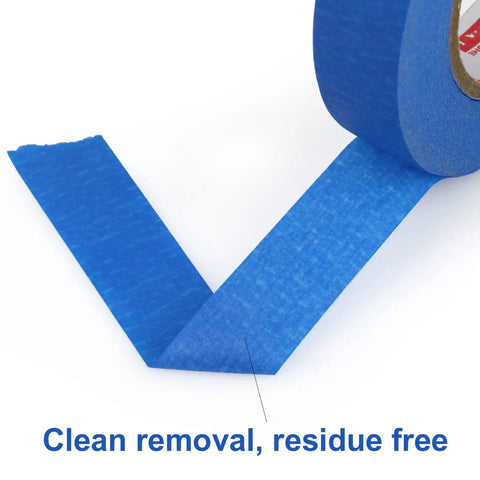 Blue Painter Tape 1 Inch By 60 Yards Six Roll Pack Pro Grade Masking Tape unrolled showing clean removal and crepe backing