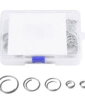 80 Piece Stainless Steel Cotter Ring Kit With Five Sizes, 316 Grade Marine Hardware box display and individual ring sizes visible.