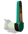 Heavy Duty Two Forty Eight Belt Grinder Attachment With Seven Inch Disc Sander Mount For Bench Grinders And Five Eighths Arbor Rugged Kit with a green sanding belt and attachments.