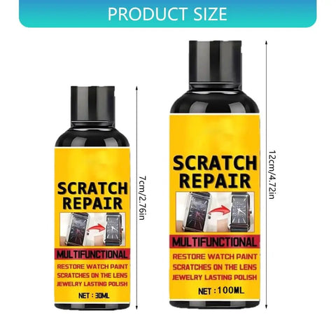 30ml and 100ml bottles of scratch repair liquid for restoring watch paint and lens scratches