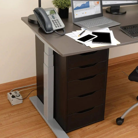 Office desk with Isobar 2 Outlet Heavy Duty Power Strip Surge Protector With 1410 Joules 6ft Cord Flat Plug All Metal Housing.