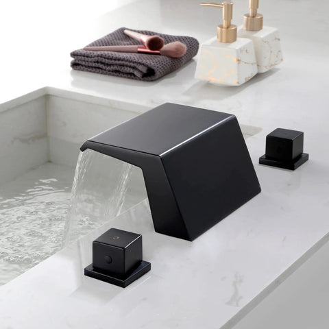 Matte Black Waterfall Tub Filler Deck Mount With Three Hole Roman Tub Faucet And Two Square Handles Valve Included And cUPC Water Supply Lines All Solid Brass Construction