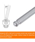 Ball end of 2 Piece Magnetic Ball End Hex Screwdriver Set, 2mm Bit, 110mm Shaft, 190mm Total Length with 25-degree entry angle diagram