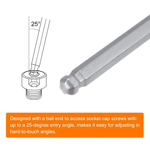 Ball end of 2 Piece Magnetic Ball End Hex Screwdriver Set, 2mm Bit, 110mm Shaft, 190mm Total Length with 25-degree entry angle diagram