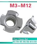 T Nut Zinc Plated Four Claw Blind Nut Insert For Wood Furniture And Speaker Mounts, M3-M12 sizes displayed in silver color