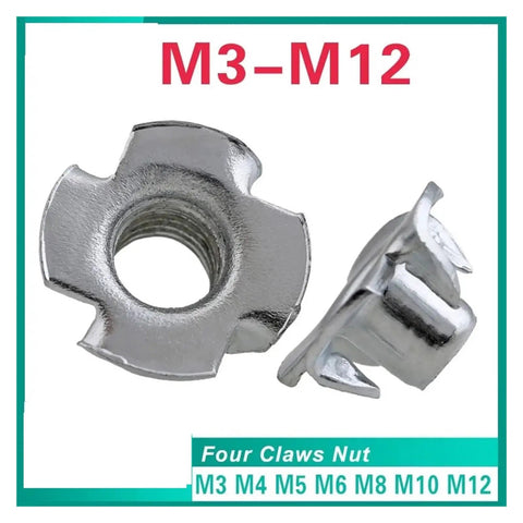 T Nut Zinc Plated Four Claw Blind Nut Insert For Wood Furniture And Speaker Mounts, M3-M12 sizes displayed in silver color