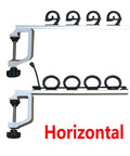 Aluminum Clamp On Rod Holder For Truck And Boat Holds Four Rods With Bungee Cord Security Universal C Clamp Marine Grade Fits Truck Beds Canoes Pontoon Boats horizontal view with four rod loops and aluminum clamp
