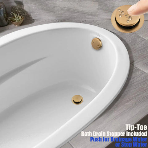 Solid Heavy Duty Brass Tub Drain Set With Tip Toe Stopper Overflow Plate And Matching Plug In Sweet Champagne Bronze Finish, showing tip-toe stopper in use.