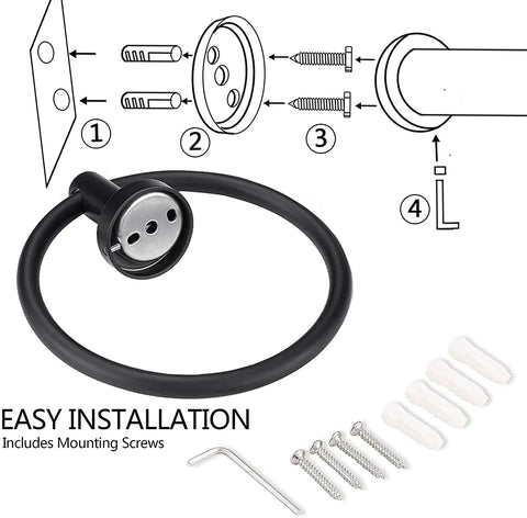Matte Black Towel Ring For Bathroom And Kitchen Wall Mount, Heavy-Duty Stainless Steel Towel Holder, easy install hardware shown