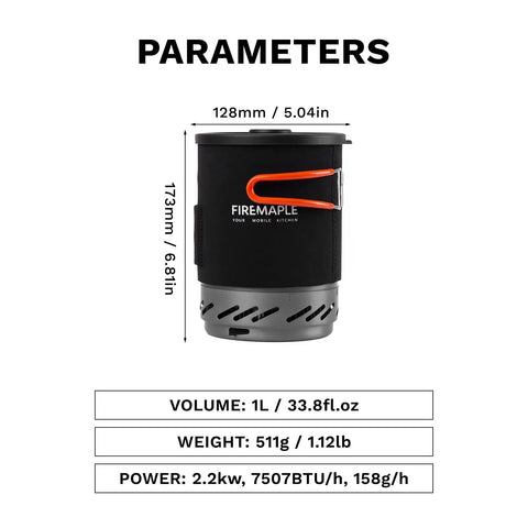 Fixed Star 1 Backpacking Stove System With Propane Cooking Gear showing 1L pot dimensions and specifications