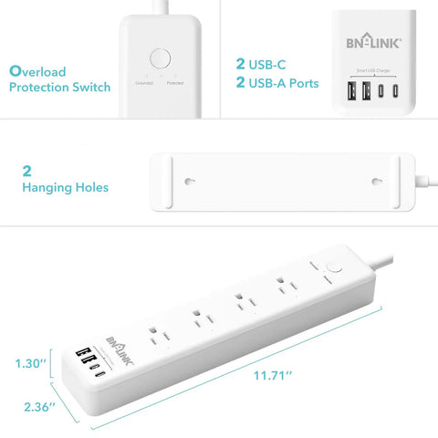 Smart Power Strip With 4 Individually Controlled Outlets And 4 USB Ports Including 20W USB C Fast Charging Surge Protector dimensions