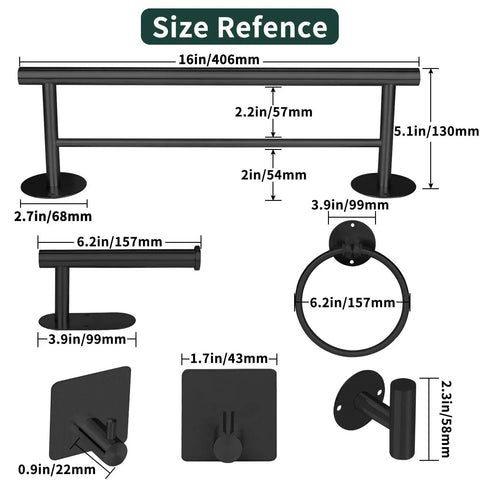 Diagram of Matte Black 6 Piece Stainless Steel Bathroom Hardware Set With 16 Inch Wall Mount Hand Towel Bar Toilet Paper Holder Towel Ring