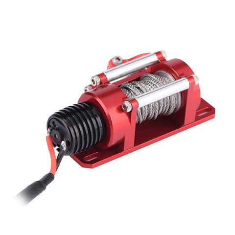 Rock Hard Red 1:10 Rc Crawler Winch Metal Cable Puller with CNC design, featuring metal cable and compact frame for easy mounting.