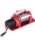 Red Mini Electric Winch Compatible With SCX10 D90 D110 TF2 KM2 Crawler Cars featuring metal body and nylon wire.