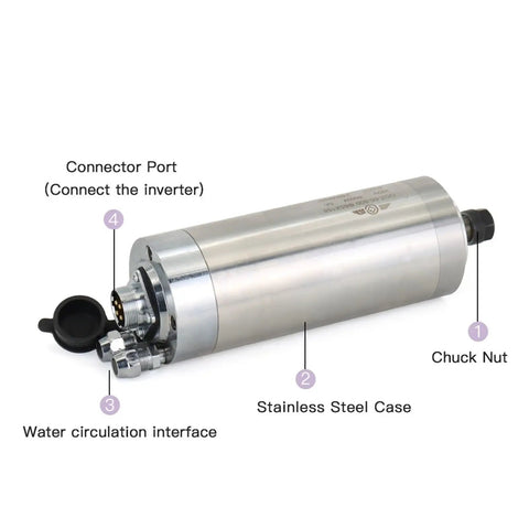 Heavy Duty 800W Water Cooled CNC Router Motor With ER11 Collet, 24000 RPM High Speed Spindle For Woodworking Rigs showing stainless steel case and connector port.