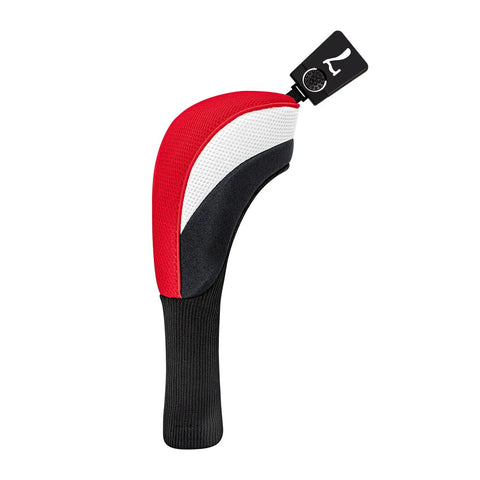 Red and black Five Piece Golf Head Cover Set For Driver Fairways And Hybrids With Long Neck Mesh Interchangeable Number Tags 3 4 5 6 7 X Durable Nylon And Polyester Protection Easy Clip On Design To Safely Shield Your Clubs