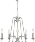 Fairway Five Light Brushed Nickel Chandelier With Soft Silhouette And Delicately Curved Arms Delivers Warm Candle-Style Glow For Transitional Coastal Modern Living Rooms Dining Areas And Hallways.