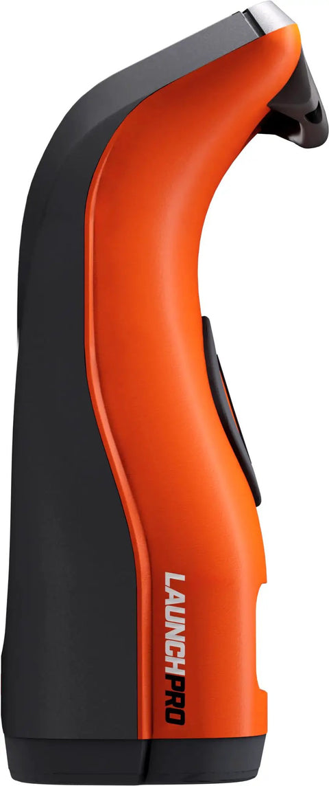 Side view of the Launch Pro Circle B Edition Launch Monitor With Golf Course GPS, featuring sleek black and orange design.