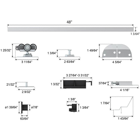 Diagram of 48 Inch Bifold Door Hardware Kit For Four 12 Inch Panels, top-mounted folding barn door track system with 3 wheel hangers.