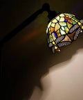 Tiffany Style Stained Glass Floor Lamp with Swivel Arm 72 Inch Tall angle adjustable reading light, amber dragonfly shade detail.