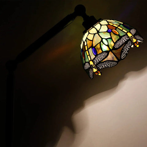 Tiffany Style Stained Glass Floor Lamp with Swivel Arm 72 Inch Tall angle adjustable reading light, amber dragonfly shade detail.