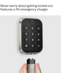 Front view of Assure Lock 2 Deadbolt Keyless Door Lock With Satin Nickel Finish showing digital touchscreen keypad and 9V charger.