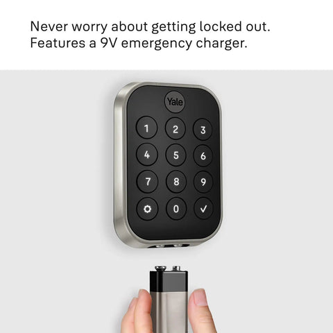 Front view of Assure Lock 2 Deadbolt Keyless Door Lock With Satin Nickel Finish showing digital touchscreen keypad and 9V charger.