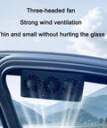 Solar Powered Car Exhaust Fan For Tesla Cybertruck Cabin Air Circulator, three-headed fan mounted on vehicle window for ventilation.