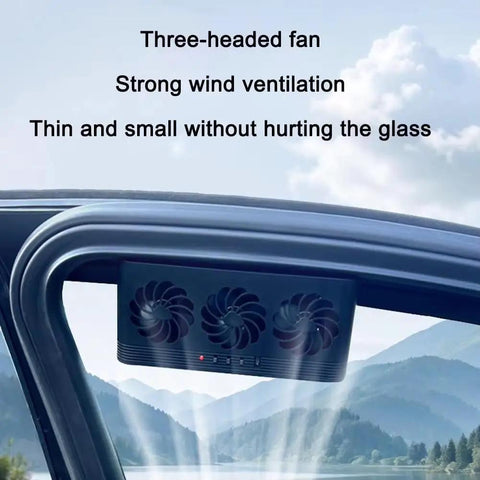 Solar Powered Car Exhaust Fan For Tesla Cybertruck Cabin Air Circulator, three-headed fan mounted on vehicle window for ventilation.