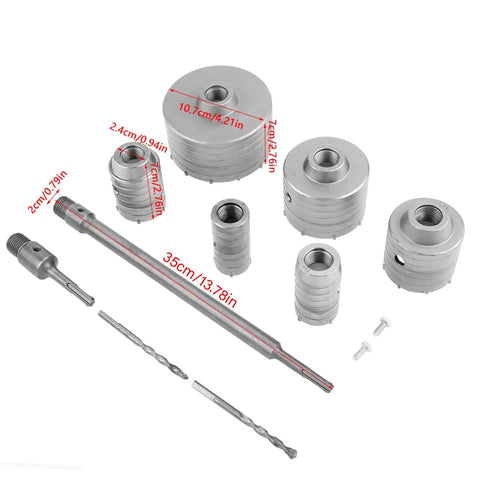 10 Piece Concrete Hole Saw Kit Set 35 To 110 Millimeters SDS Core Drill Bits displayed with different sizes and components.