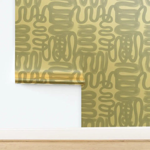 Dope Abstract Graffiti Gold Metallic Wallpaper Fibrous Texture Eco Friendly Type I Class A Fire Rated Made In USA Non Toxic Paste The Wall Premium Indoor Wall Covering Badass Home Accent displayed on a wall.