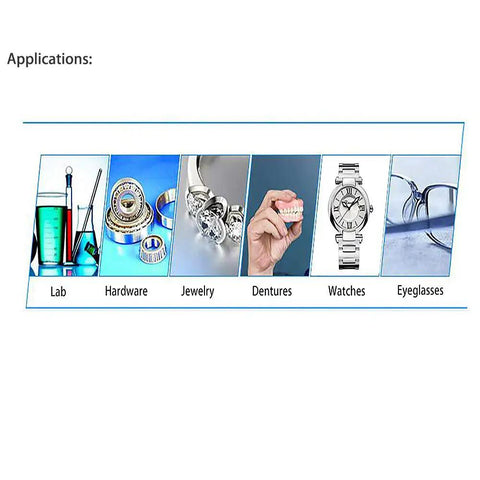 Applications of Pro Grade Slick Wash Industrial Ultrasonic Cleaner With Smart Digital Timer for various items including jewelry and watches.