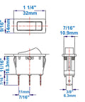 Technical diagram of Lighted Rocker Switch On Off 16A 125V SPST Snap In 3 Prong with dimensions and measurements shown.