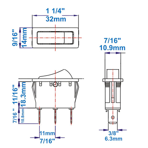 Technical diagram of Lighted Rocker Switch On Off 16A 125V SPST Snap In 3 Prong with dimensions and measurements shown.