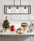 Farmhouse Black Lantern Pendant Chandelier With Seeded Glass, 3 Light Modern Dining Room Kitchen Island Lighting over white kitchen