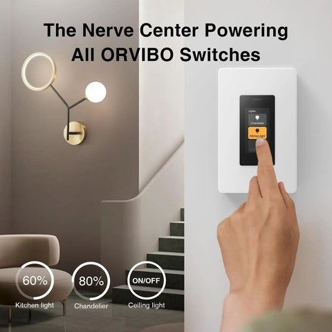 Matter Smart Dimmer Switch With Weather Display And Energy Monitoring No Fuss Setup integrated in modern living room wall.