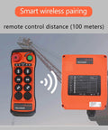 Industrial Wireless Crane Remote Control Kit With Six Buttons for Electric Hoist, showing remote and receiver with crane backdrop
