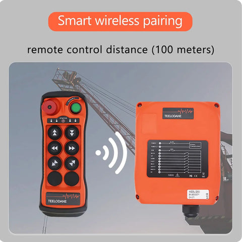 Heavy Duty Q600 Industrial Wireless Crane Remote Control Kit with transmitter and receiver, showcasing wireless operation at 100 meters.