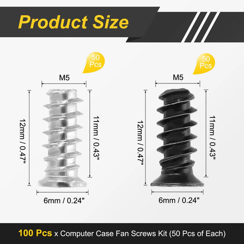 Premium M5 X 12mm Phillips Flat Head Computer Case Fan Screws Kit with silver and black screws, size and dimensions shown.